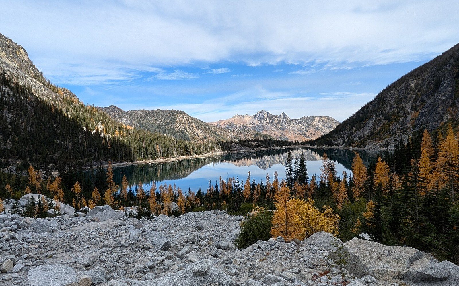 Alpine lake reflecting jagged peaks, surrounded by golden larches and rocky terrain