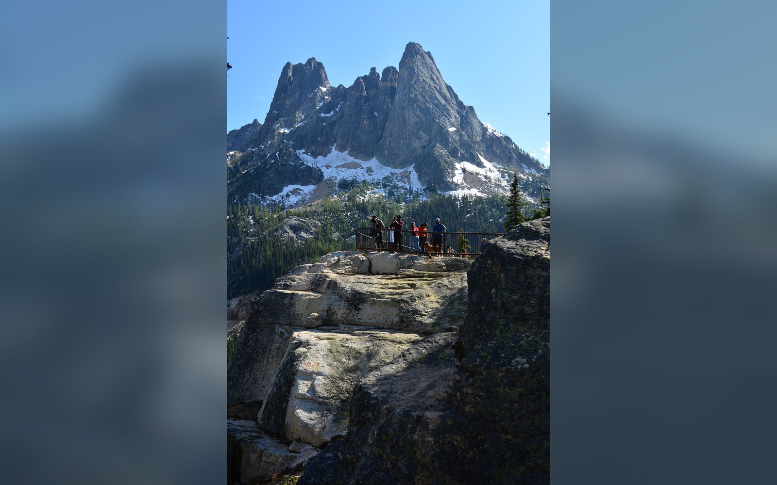 The Liberty Bell group from the Washington Pass overlook, the four towers in profile against a clear sky