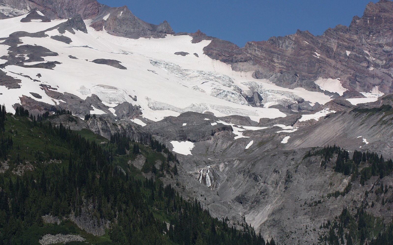 Mount Rainier from Paradise, the Muir snowfield with a line of climbers ascending toward Camp Muir